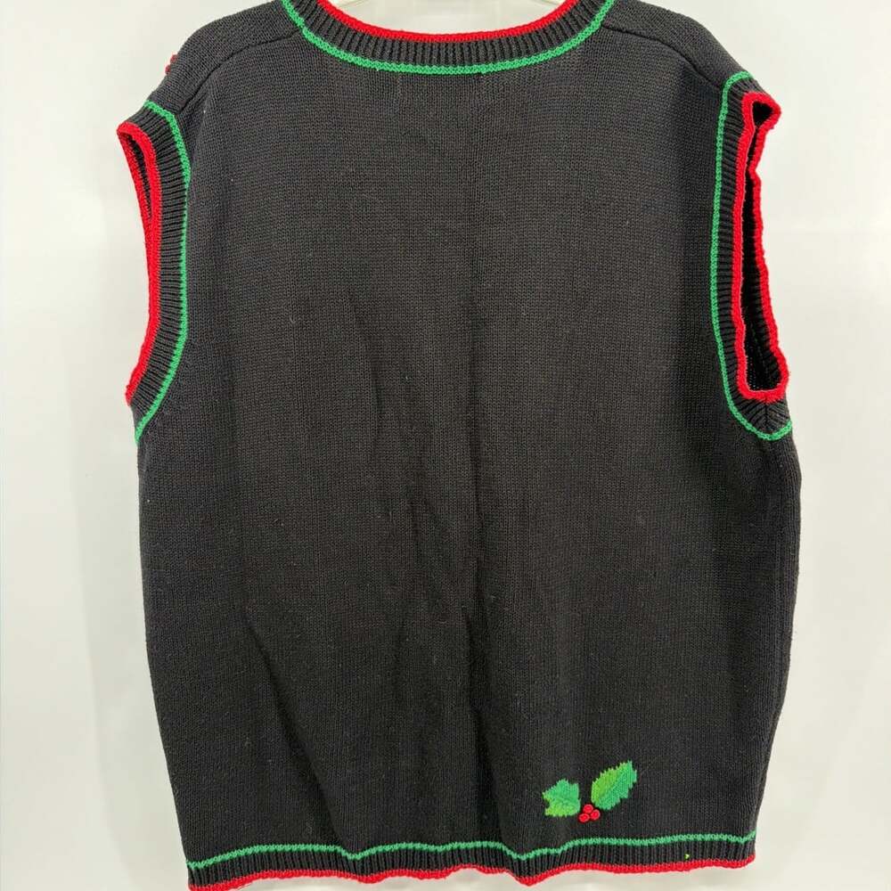 Bechamel Womens Sweater Vest Sz 2XL Christmas Holly Appliqué Black Button Up - Picture 4 of 9